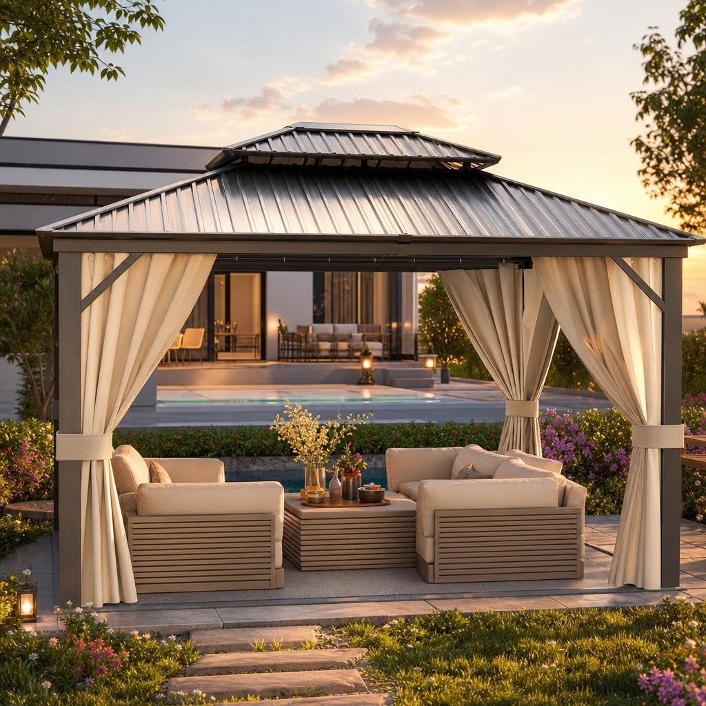 12'X14' Hardtop Gazebo, Metal Double Roof Aluminum Gazebos with Curtain and Netting, Permanent Galvanized Steel Pavilion, Heavy Duty Poles for Patio, Deck, Backyard, Lawn, Garden, Brown