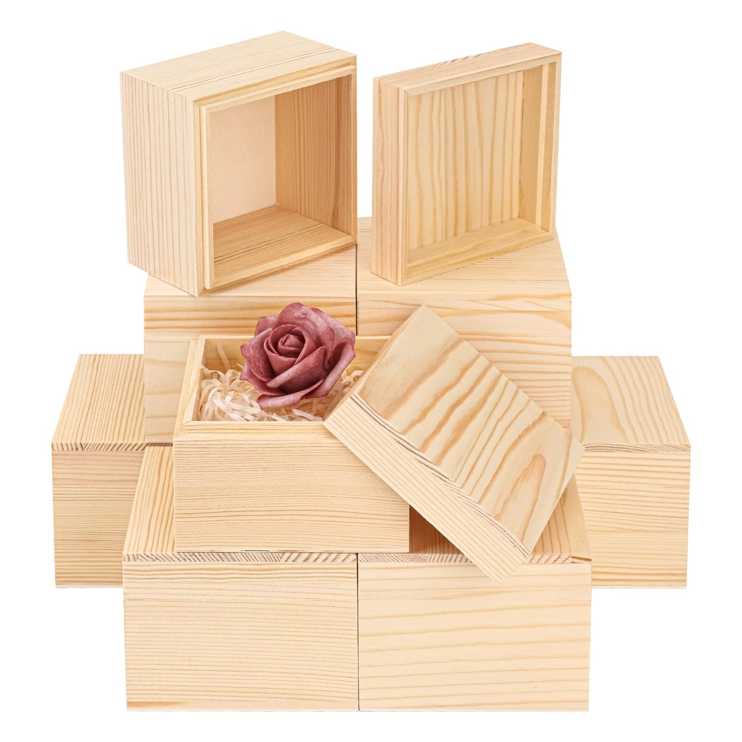 Geytetqi 9 PCS 3.94 x 3.94 x 3.15 Inch Unfinished Square Wood Box with Lid, Wooden Treasure Boxes, Small Wood Keepsake Box, Wooden Storage Box and DIY Craft Stash Boxes for Home Decor