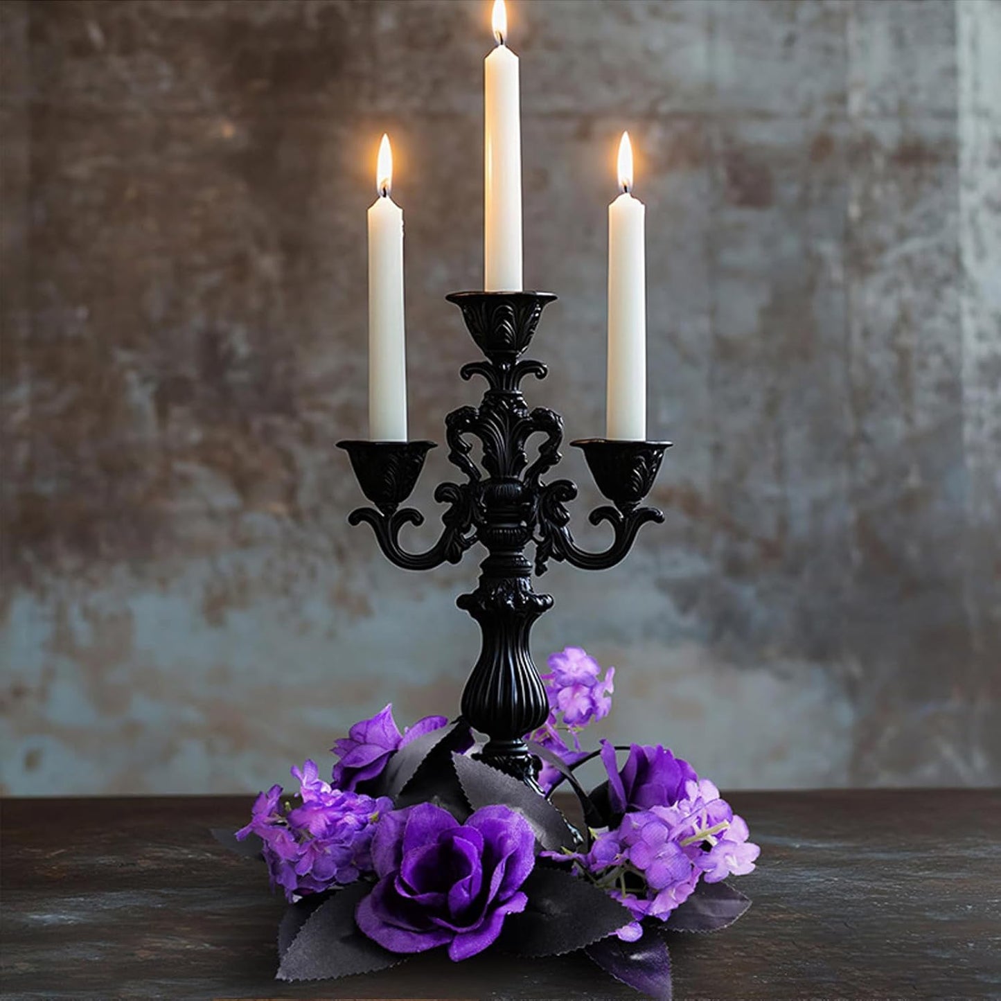 Regine Switzerland Gothic Halloween Candle Ring Wreath - Purple Roses & Black Leaves | 9.84 Inch Diameter Floral Centerpiece for Fall Decor