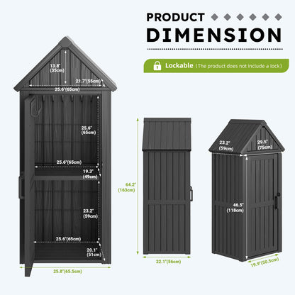 WTFGO Vertical Outdoor Storage Shed, Waterproof Resin Outdoor Storage Cabinet with Removable Shelves & 12 Hooks, Lockable Small Tool Shed for Garden, Backyard, Patio, Pool, Black