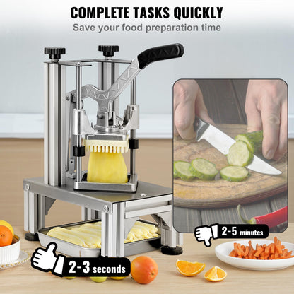 VEVOR Commercial French Fry Cutter with 4 Replacement Blades, 1/4" and 3/8" Blade Easy Dicer Chopper, 6-wedge Slicer and 6-wedge Apple Corer, Lemon Potato Cutter for French Fries with Extended Handle