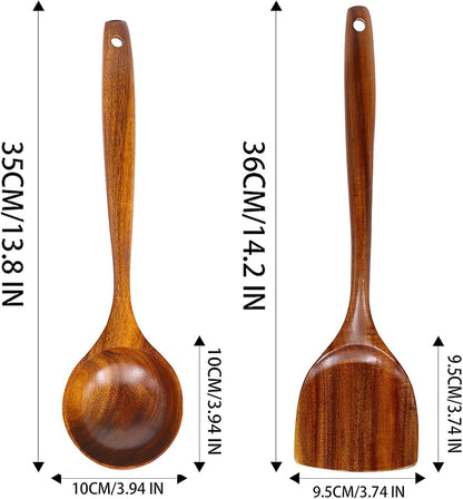 FJNATINH Wooden Wok Spatula Ladle Tool Set, 14-inch Long Handle Teak Spatula
