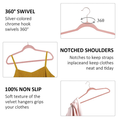 VECELO Premium Velvet Clothes Hangers Suit Heavy Duty (100 Pack)-Non Slip & Space-Saving with 12 Finger Clips & 2Tie Rack Excellent for Men and Women,Pink