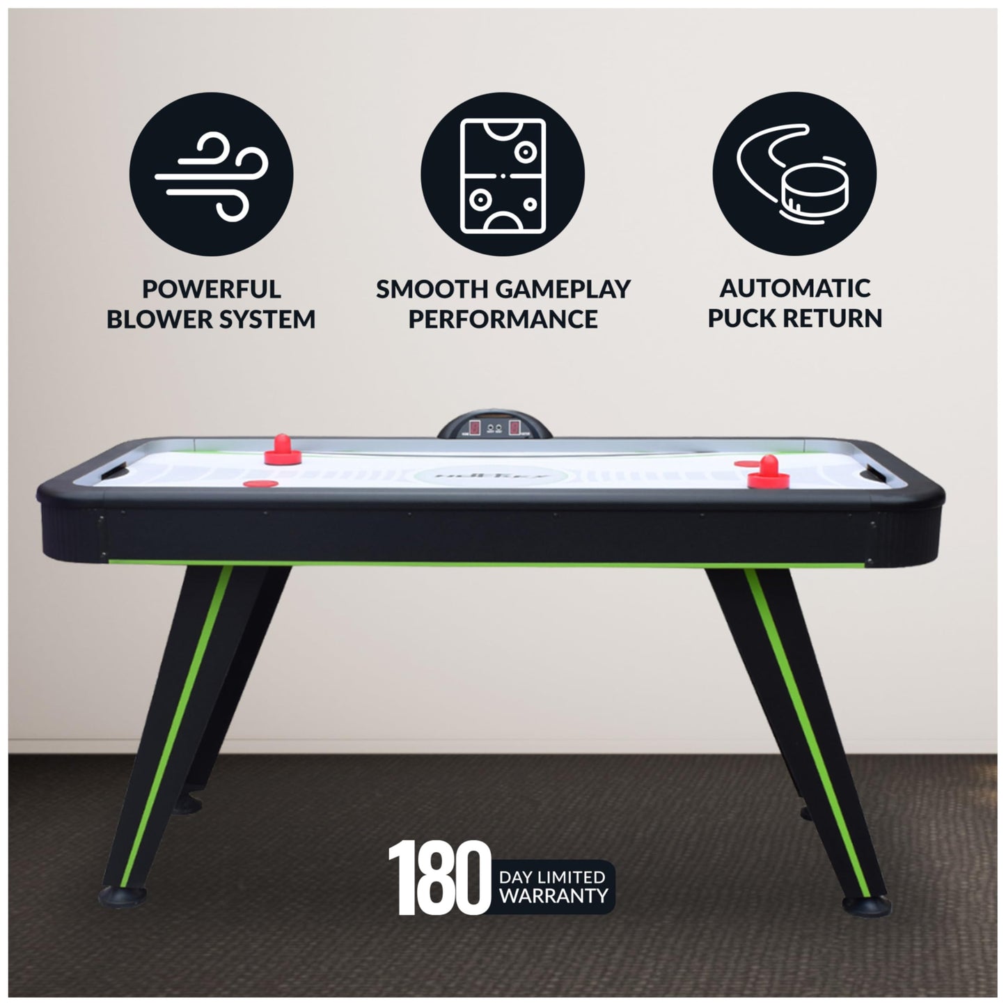 Hathaway Voyager 5 Ft Air Hockey Table for Home Game Room - with LED Scoring, High-Output Blower, Reinforced Legs, Strikers & Pucks - Black and Neon Green Finish