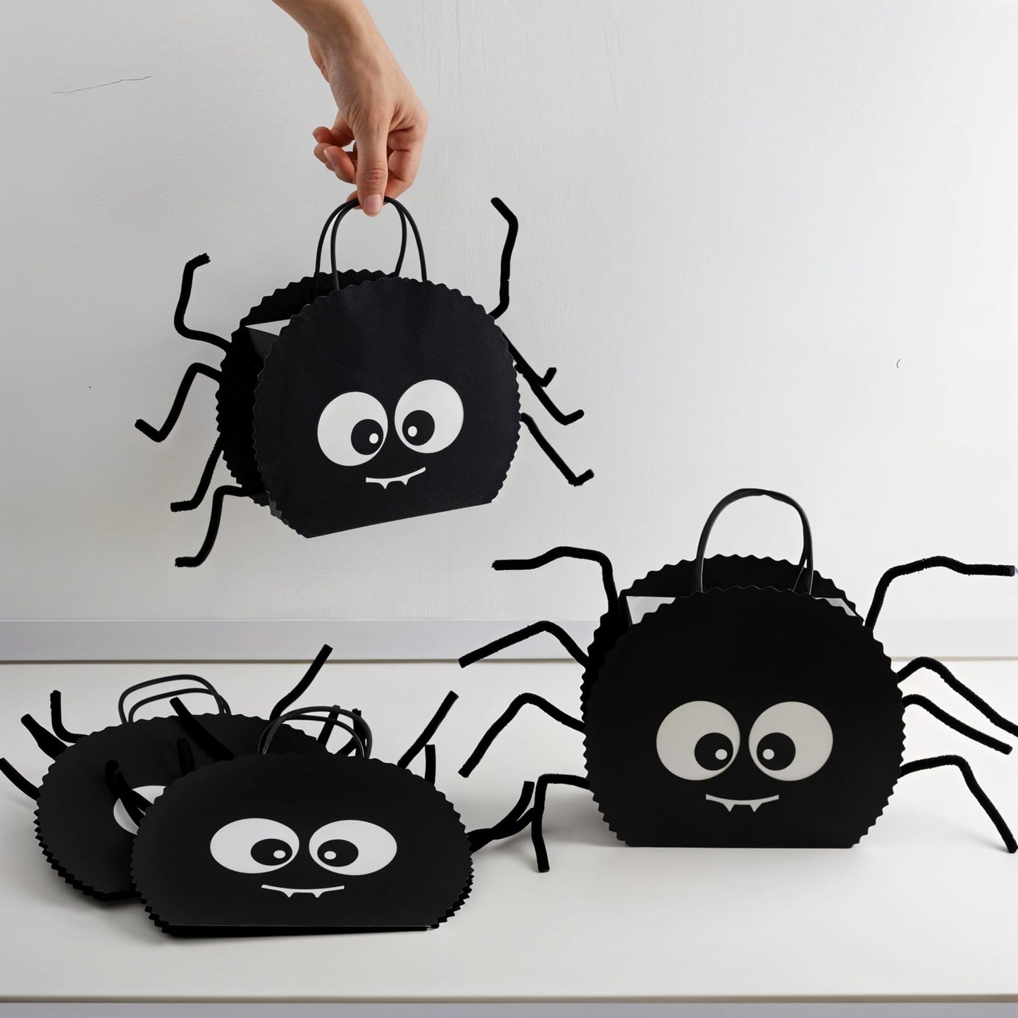 Cheerland Halloween Spider Party Favors Gift Bag With Straw Legs Trick Or Treat Bags Black Halloween Goodie Bags Spooky Theme Cute Birthday Party Decorations Candy Gift Bday Supplies (Pack Of 8)