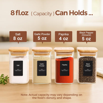 ComSaf 16Pcs Glass Spice Jars with Bamboo Lid, 4oz Airtight Square Spice Containers with 275 Black Lables, Empty Seasoning Jars for Spice Salt Sugar