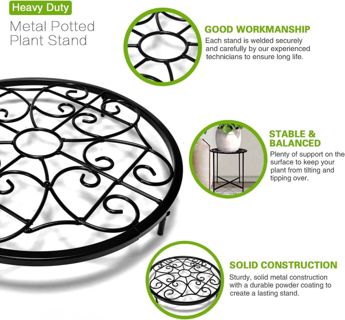 Aonagi 15" 2 Pack 11" 100lbs, Tall Metal Plant Stand, Wide Round Plant Stand for Flower Pots Up to Rustproof Iron Plant