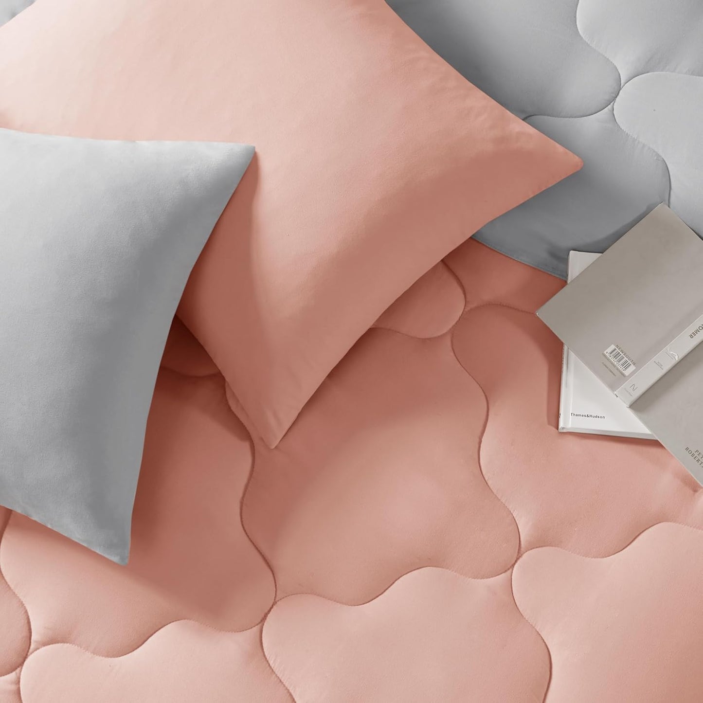 Comfort Spaces Vixie Reversible Comforter Set, Twin/Twin XL 2 Piece, Coral/Gray, Trendy Geometric Quilted Cover