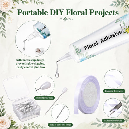 Poola Voidra Floral Arrangement Tools Floral Tape Wire Set Adhesive Glues Boutonniere Flower Pin Stem Cutter Elastic Pearl Wrist Corsage Band White Ribbon Kit for Wedding Corsage Supply Bouquet Craft
