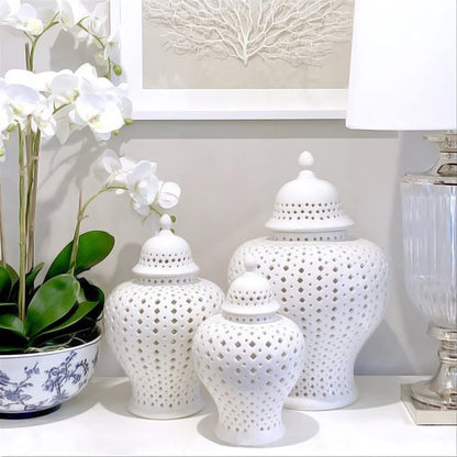 Ginger Decorative Jar with Lid White Porcelain Handcrafted Ceramic Vases for Flowers Traditional Chinese White Carved Lattice Ginger Jar with Lid Decorative Porcelain Vases Temple,White23*38cm