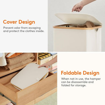 Lifewit 80L Laundry Basket - Foldable Hamper with Lid & Bamboo Handles | Removable Bag, White
