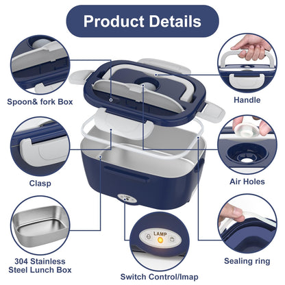 Electric Lunch Box Food Heater, 3 in 1 Ultra Quick Heated Lunch Boxes for Adults, 12V/24V/110V Portable Food Warmer for Car/Truck/Office With Fork Spoon and Insulated Carry Bag