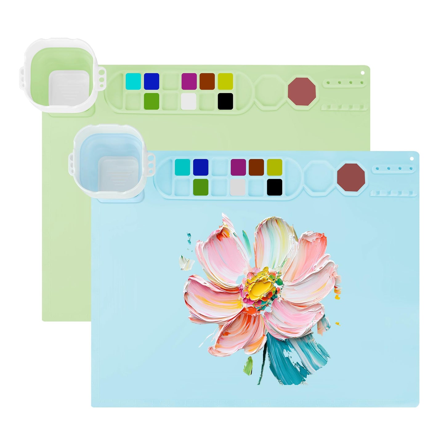 MEKOTRIN 2PCS Silicone Painting Mat, 20"X16" Art Mat with Cup and Palettes, Silicone Craft Mat has 16 Color Dividers, Paint Mat for Artist Clay DIY Creations(Blue+Green)