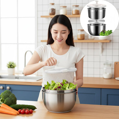 DuZhiLixon 6L-Stainless Steel Salad Rotator, Non-Slip Base, Vegetable Dishwasher, Multi-Use Lettuce Spinner, Kitchen Strainers.