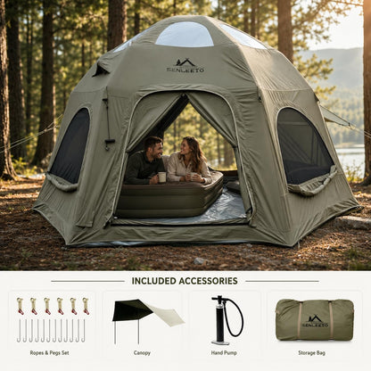 SENLEETO Inflatable Tents for Camping 6-8 People,174.81 Square Feets Igloo Tent, Inflatable Hot Tent with Stove Jack 4 Season Blow up Tents Waterproof Glamping