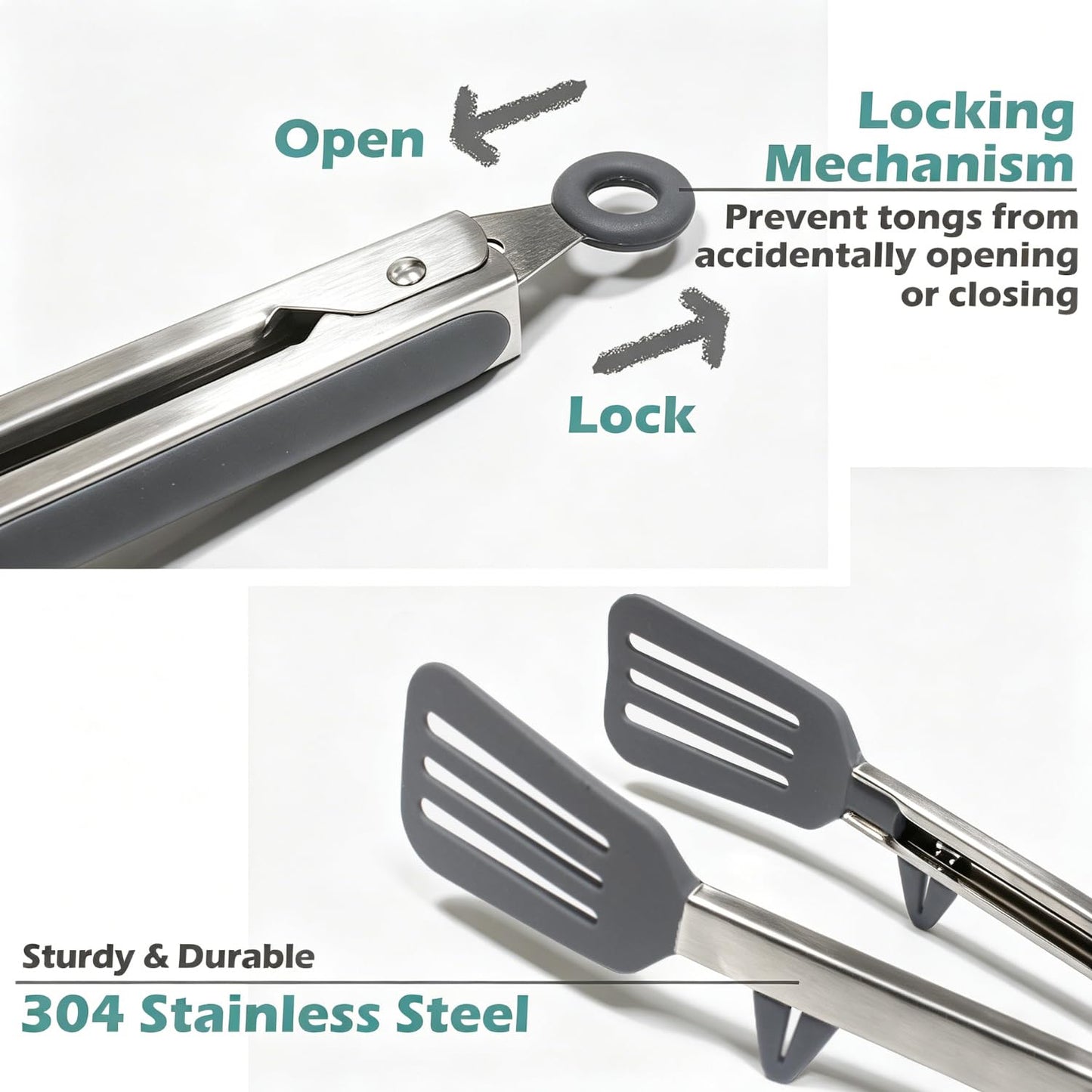 Tongs for Cooking, 12" Kitchen Tongs with Silicone Tips, Food Grade Serving Tongs Set of 3, Grey