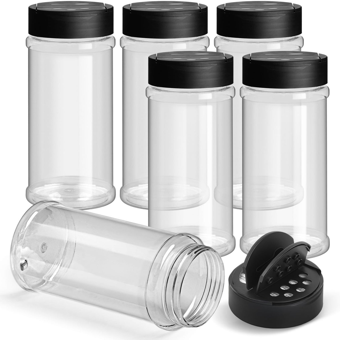 TUZAZO 16 Oz Spice Bottles Plastic Seasoning Containers, 6 PACK Large Plastic Spice Jars with Shaker Lids Empty for Spice & Herbs, Powders, Glitters, BPA Free | Wide Mouth | Dual Flip Tops