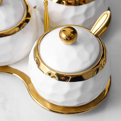 BIHOIB Golf Porcelain Sugar Bowl Condiment Pot Salt Container with Lid, Spoon and Tray, Set of 3, Modern Spice Box Seasoning Jar, White and Gold