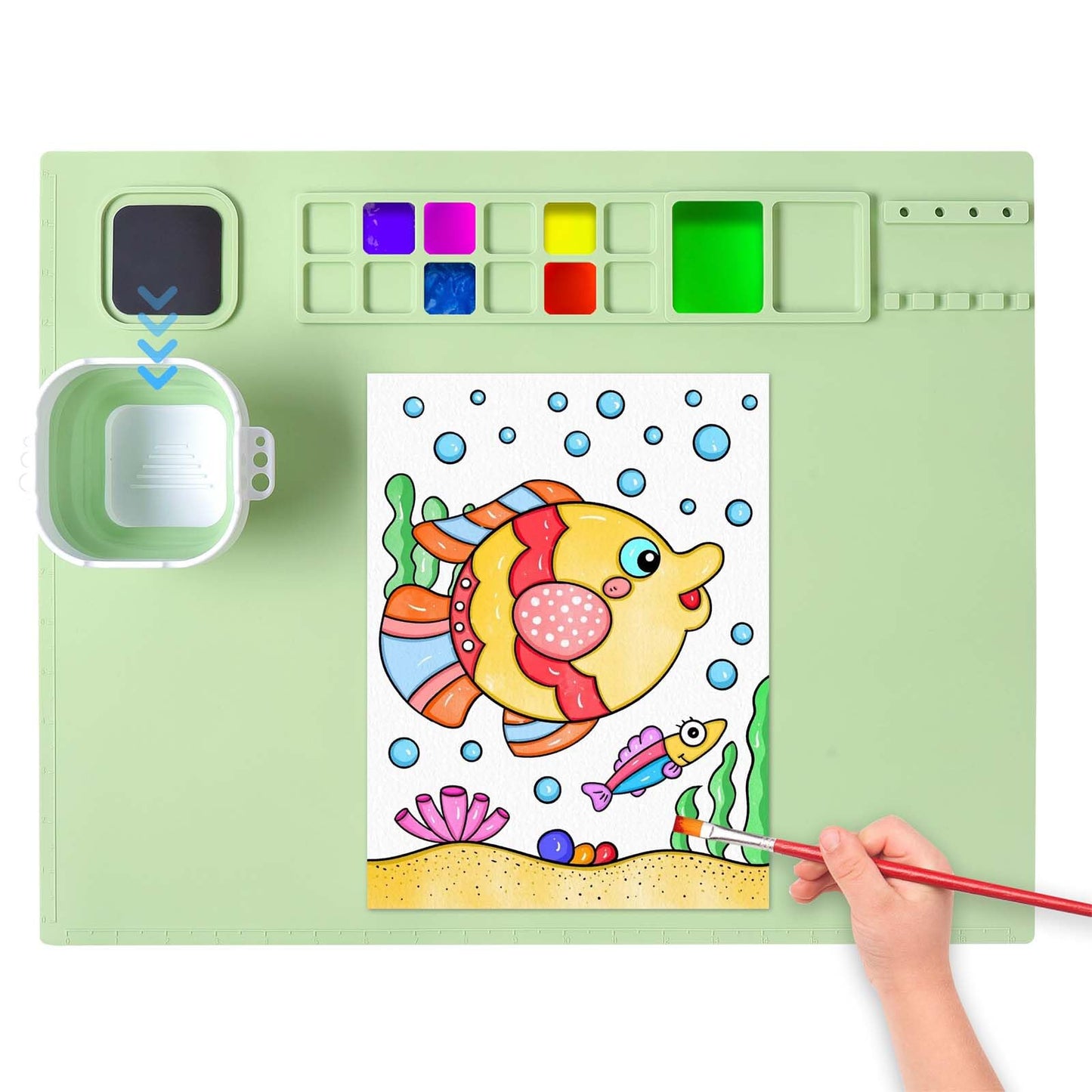AWOKE Silicone Painting Mat for Table Protection - 20"X16" Washable Art Mat with 1 Water Cup for Kids - Craft Mat has 12 Color Dividers - 2 Paint Palettes (Green), Toddler Activities, Girl Boy Gifts