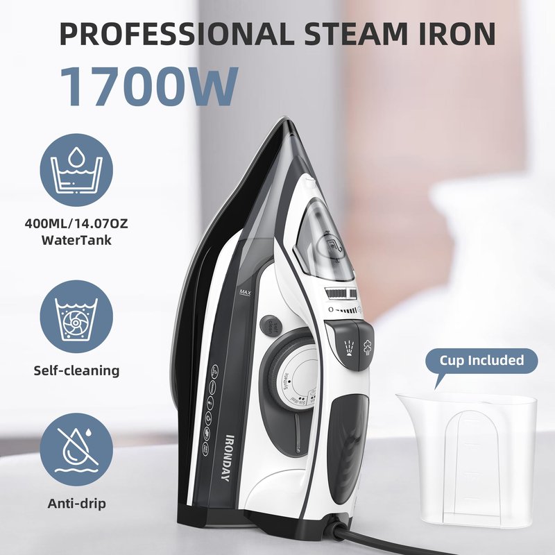 IRONDAY 1700W Steam Iron for Clothes 20s Fast Heat-up, Non-Stick Ceramic Soleplate, 14.07oz Large Water Tank, Auto-Off, Burst Steam, Self-Cleaning, roning Clothes for Home
