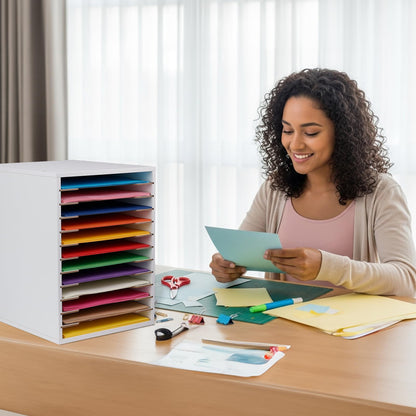 Caydo 12 Slot 8.5" x 11" Paper Organizer Storage, Wood Adjustable Shelves Paper Storage Shelf Holder for Scrapbooks, Cardstock, Construction & Printer Papers, Files for Office Home Desk