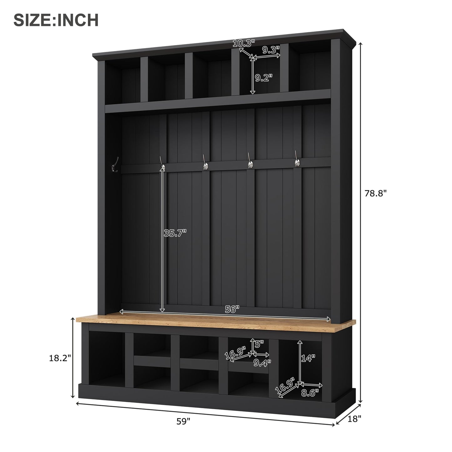 Merax Wood Farmhouse Hall Tree with Storage Entryway Bench, 3-in-1 Coat Racks with 6 Hooks &Shelves for Entrance, Hallway, Mudroom,Black
