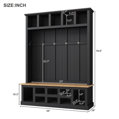 Merax Wood Farmhouse Hall Tree with Storage Entryway Bench, 3-in-1 Coat Racks with 6 Hooks &Shelves for Entrance, Hallway, Mudroom,Black