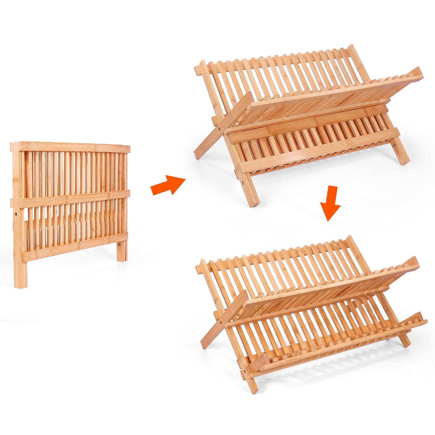 SZUAH Collapsible Bamboo Dish Drying Rack - 2 Tier Space Saving Kitchen Counter Organizer, Holds 19 Plates, Bowls & Utensils (17.8"x10.23"x9.25")