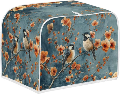 Blue Small Bird & Orange Red Flowers Toaster Cover - 4 Slice, Universal Size Dustproof Covers with Handle for Microwave