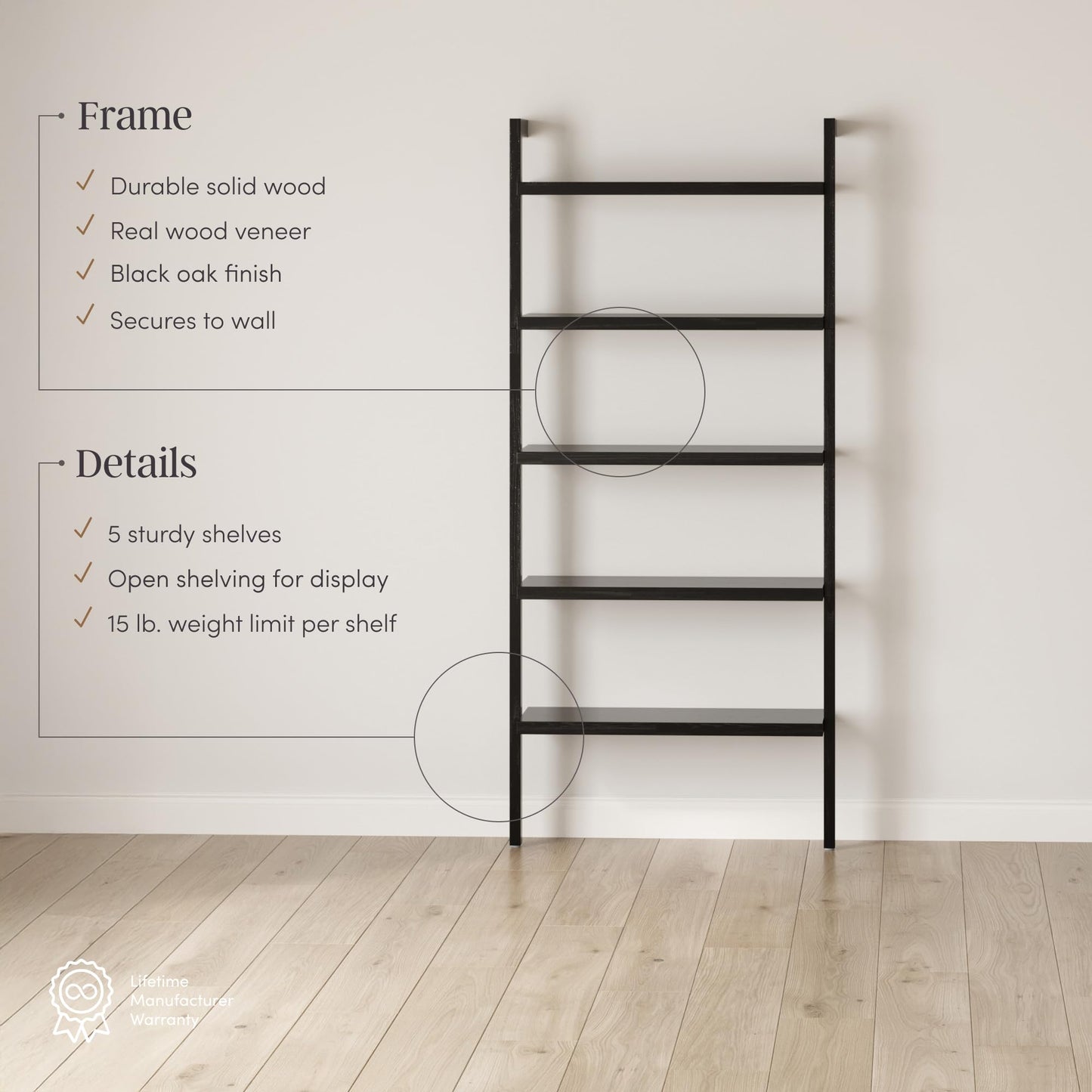 Nathan James Beacon Bohemian 5 Tier Bookshelf, Wall Mounted Bookcase, Solid Wood Bookshelf in Black Oak, Set of 2
