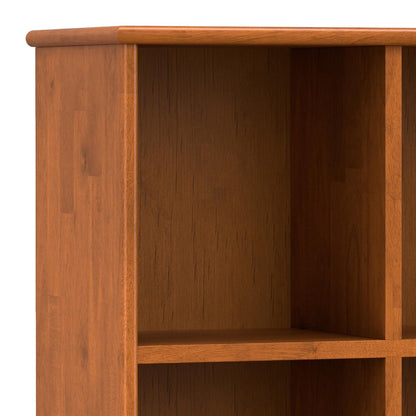 SIMPLIHOME Draper Console Table - 57 Inch Wide Solid Hardwood 8-Cube Sofa Table in Teak Brown, Mid-Century Modern Bookcase for Entryway or Living Room with 8 Open Storage Cubbies and Tapered Legs