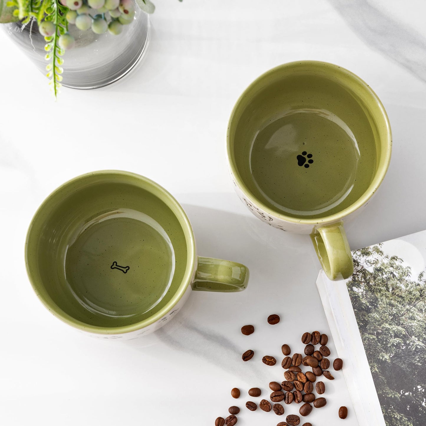 AmorArc 32 Ounces Ceramic Soup Mugs with Lids and Handle, Stoneware Bowls Cup Set of 2 for Soup, Stew, Noodle, Beautiful Mug Bowls With Lovely Dog,Cat Patterns, Microwave&Dishwasher Safe, Olive