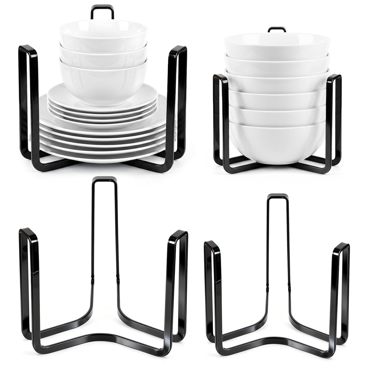 AOZUO 4 Pcs Dinnerware Bowl Plate Holder Fit for 4.7 and 6.5 Inches Diameters Bowl, Metal Bowls Storage Dying Display Rack Bowls Holder Organizer for Kitchen Drawer Countertop Cabinet Cupboard Shelf