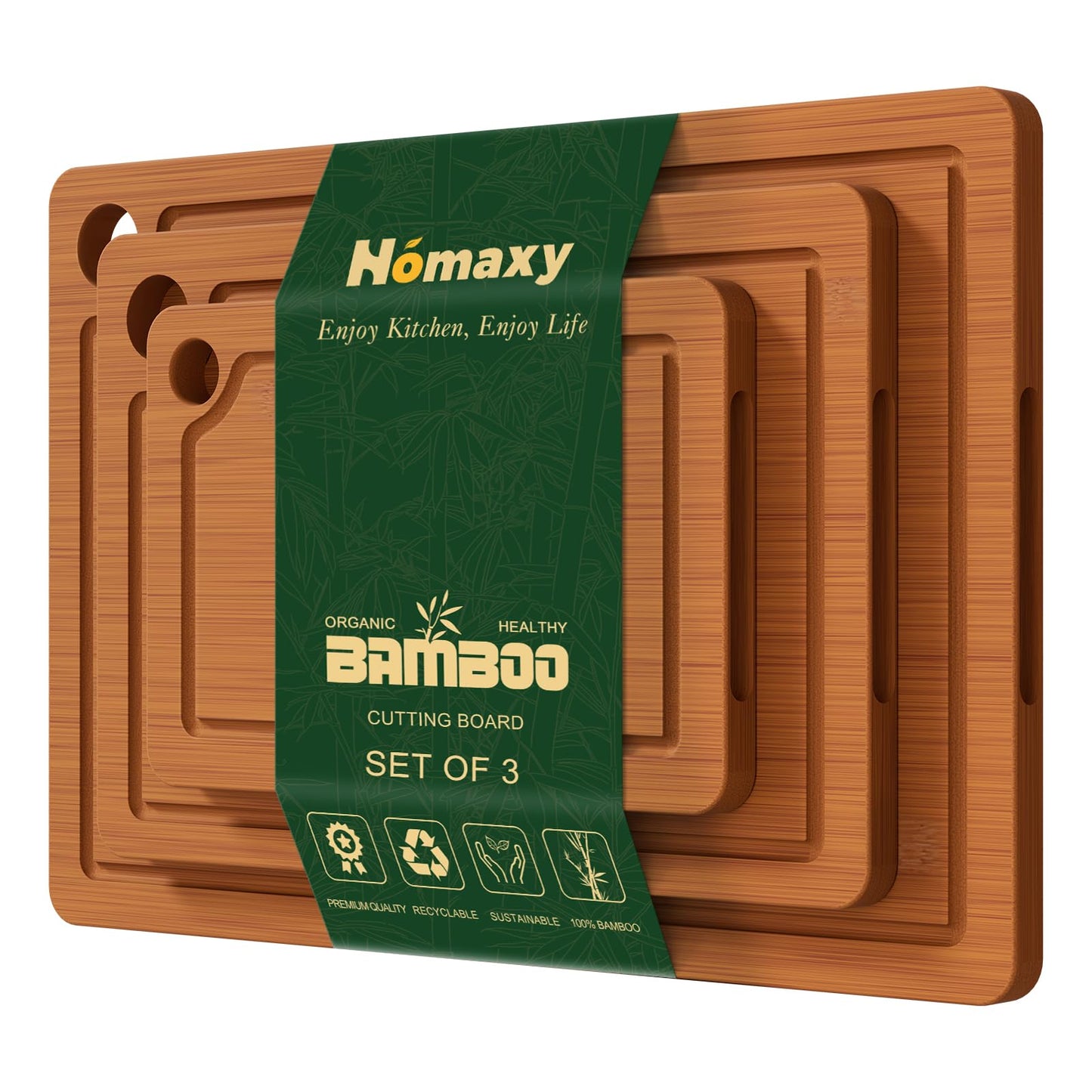 Homaxy Bamboo Cutting Board for Kitchen Set of 3, Wooden Cutting Boards with Non-Slip Mat Deep Juice Groove and Built-In Handles, Wood Chopping Board Set for Meat Fruits & Vegetables