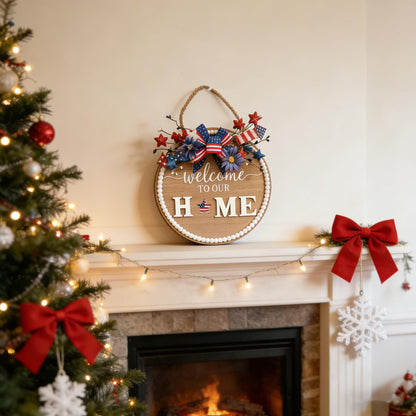 Idyllic 12 Inch Interchangeable Seasonal Welcome Sign Front Door Wreath Decor Wooden Plank with 5 Replaceable Wreaths and 12 Holiday Signs for Year Round Holiday Home Decor Front Door Fireplace