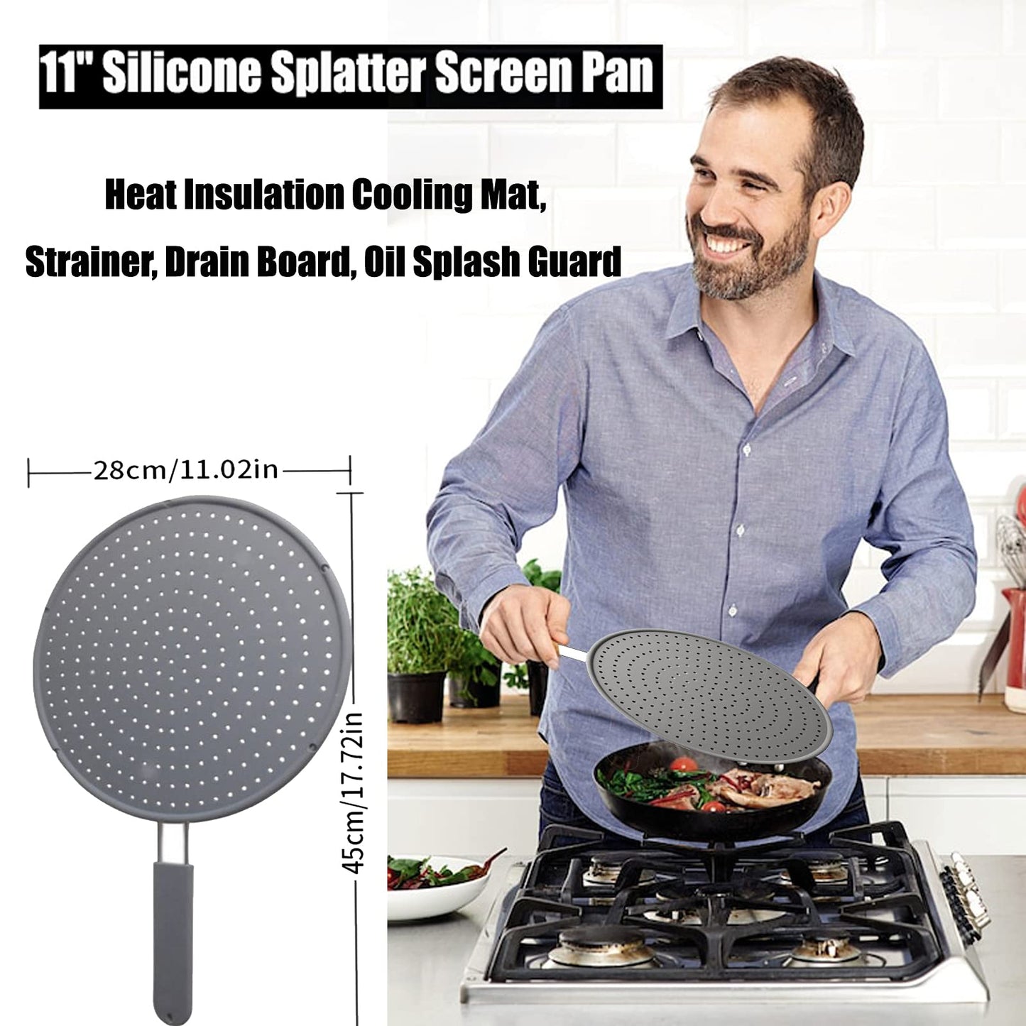 Silicone Splatter Screen Pan Cover 11", Heat Insulation Cooling Mat, Strainer, Drain Board, Oil Splash Guard for Frying Pan, Non-Stick, Heat Resistant Universal Pan Cover