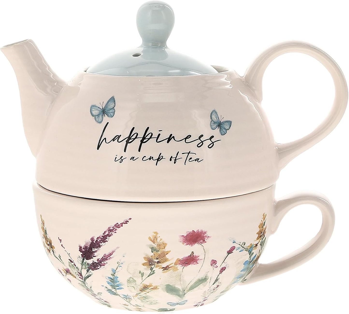 14.5 oz Set, Set, Summer 1 Count, Pavilion Gift Company - Happiness Ceramic Teapot and Tea Cup Watercolor Floral Tea