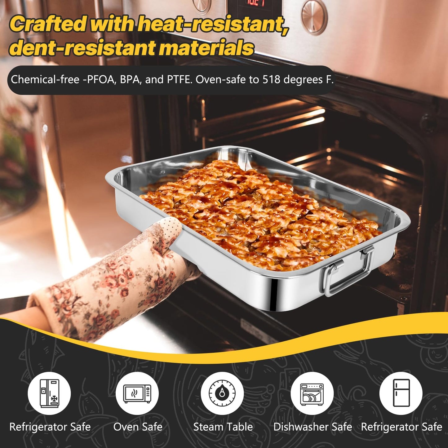 15.5" Stainless Steel Roasting Pans with Handles, Baking Pan for Oven with 2 Racks, Heavy Duty, Dishwasher Safe Rectangular Lasagna Pan with Handles for Turkey Chicken, Silver