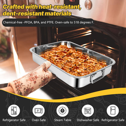15.5" Stainless Steel Roasting Pans with Handles, Baking Pan for Oven with 2 Racks, Heavy Duty, Dishwasher Safe Rectangular Lasagna Pan with Handles for Turkey Chicken, Silver