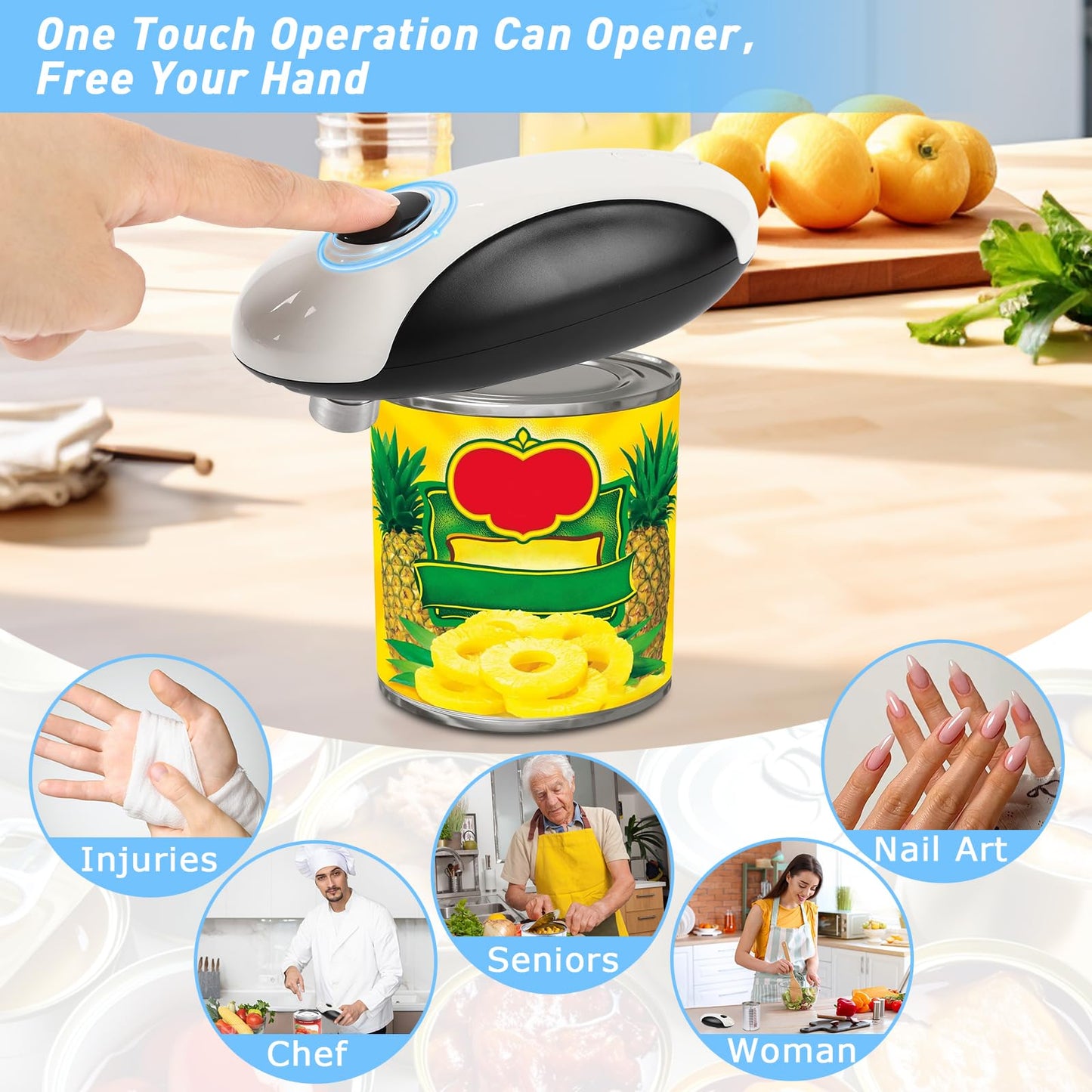 One-Touch Rechargeable Electric Can Opener - Hands-Free Automatic, Smooth Edge Opener for Seniors & Arthritis, USB-C Fast Charge, Compact for Kitchen, Camping, All Can Sizes (White)