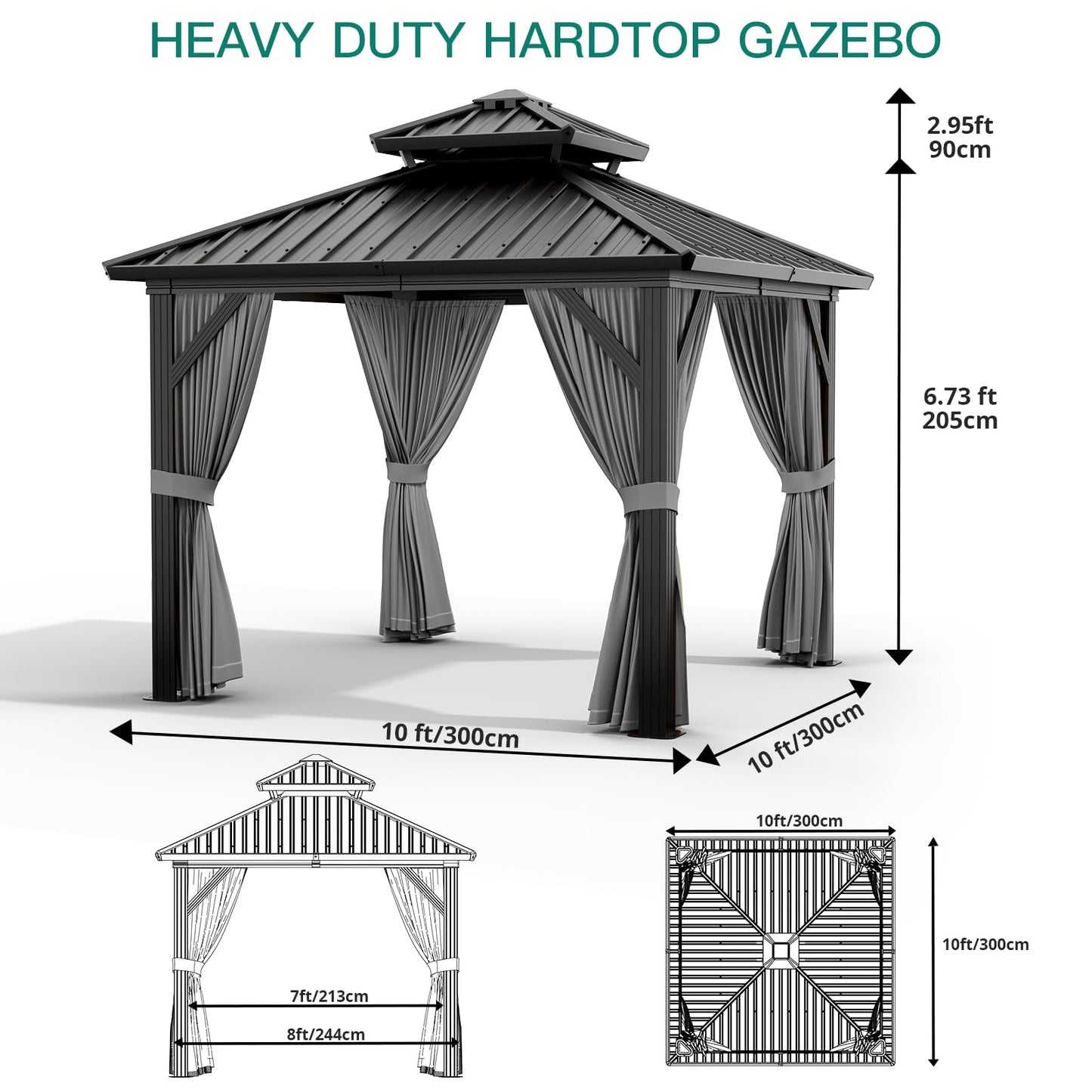 GarveeLife 10x10 ft Double Roof Hardtop Gazebo, Heavy Duty Galvanised Steel Hardtop Pavilion with Nettings and Curtains, Aluminum Gazebo for Patio, Terrace, Lawn and Deck, Grey