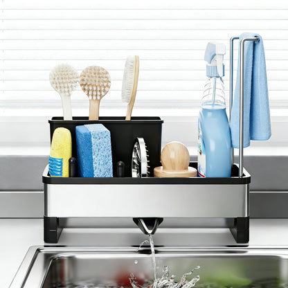 304 Stainless Steel Sink Caddy with Auto-Drain, Rustproof Sink Organizer, Sponge Holder with Removable Brush Holder & Towel Rack, Countertop Storage for Dish Soap Dispenser, Kitchen Sink Accessories