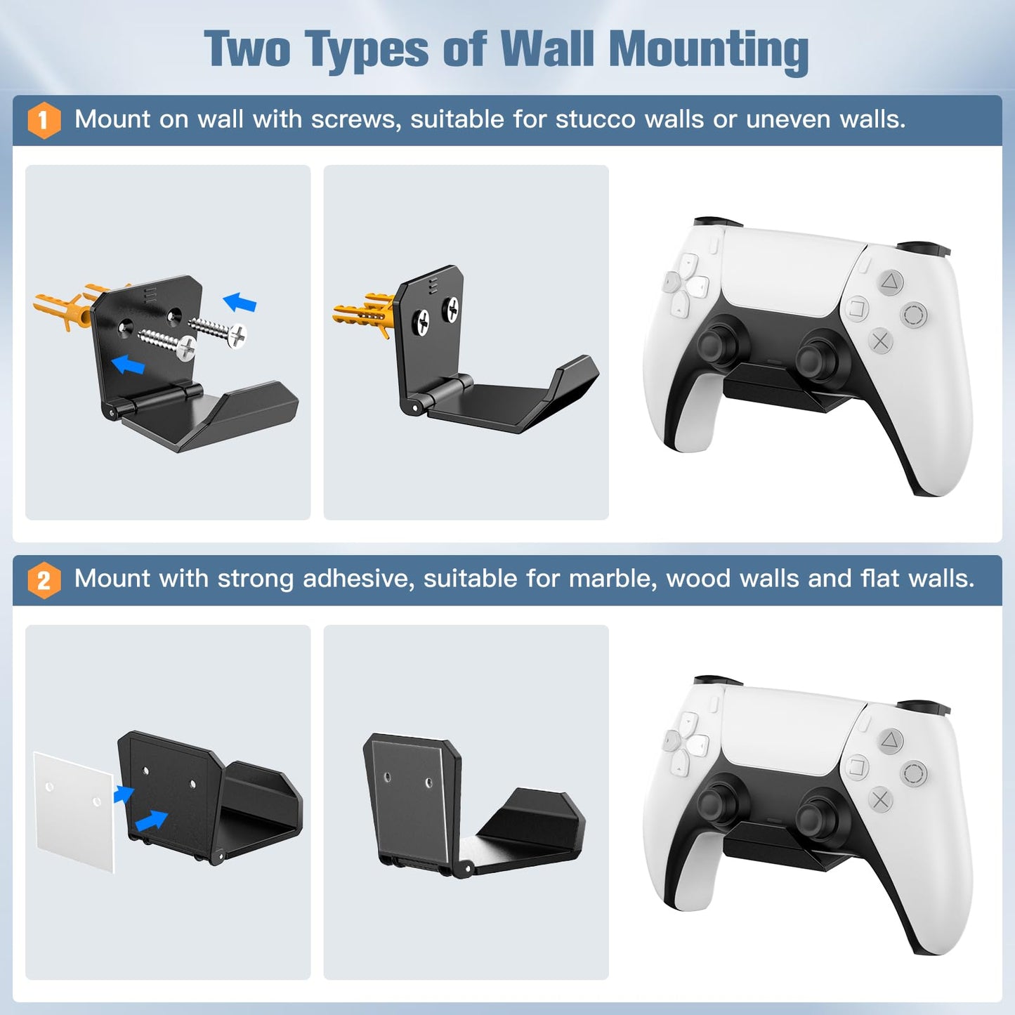 KUNSLUCK 6 Pack Controller Wall Mount – Universal Game Controller Holder for PS5, Xbox, Switch – Adhesive or Screw Installation – Headset & Controller Storage Hook (Black)