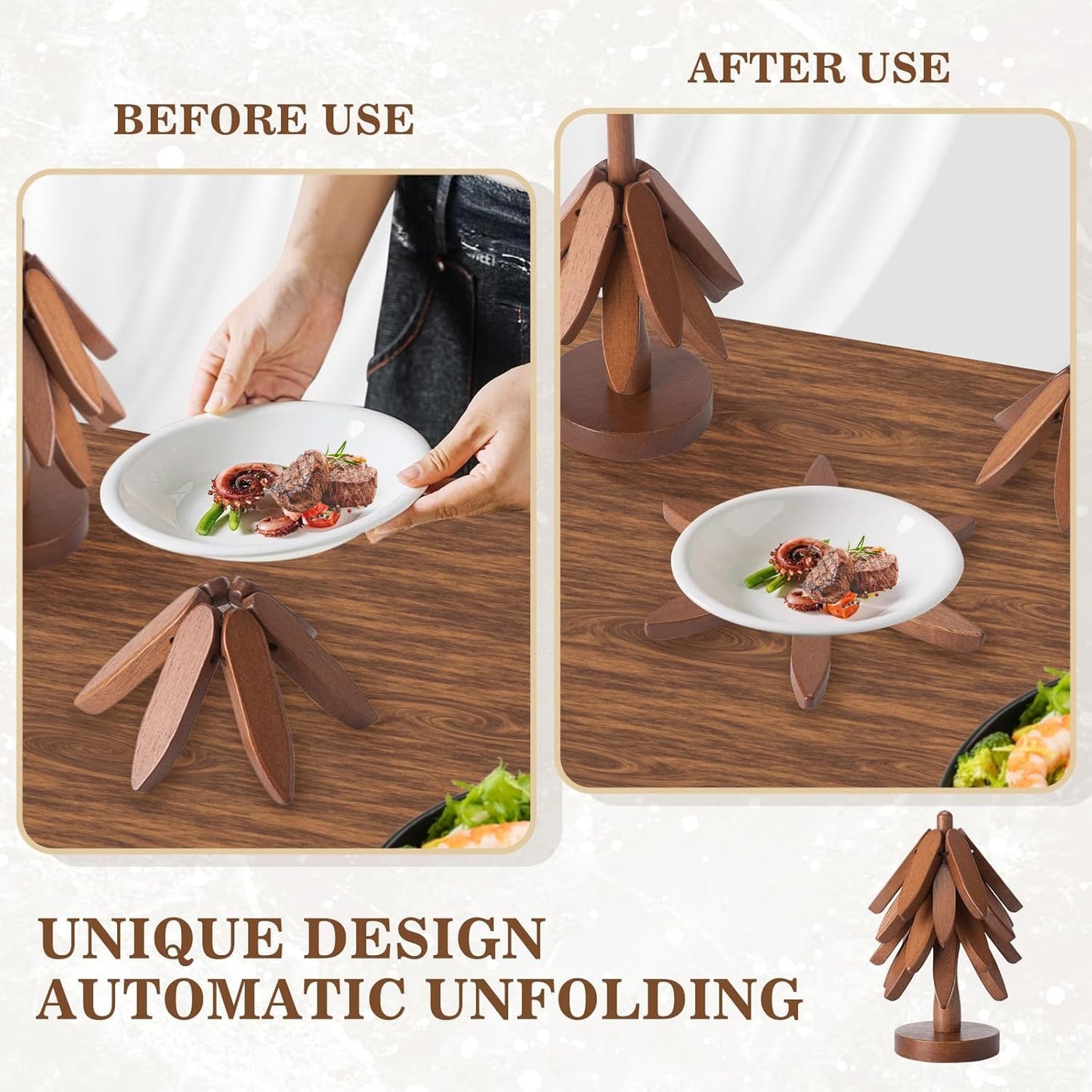 Wooden Trivets for Hot Dishes, 4 Wooden Tree Trivets + 1 Stand Stored Like a Christmas Tree (Walnut)
