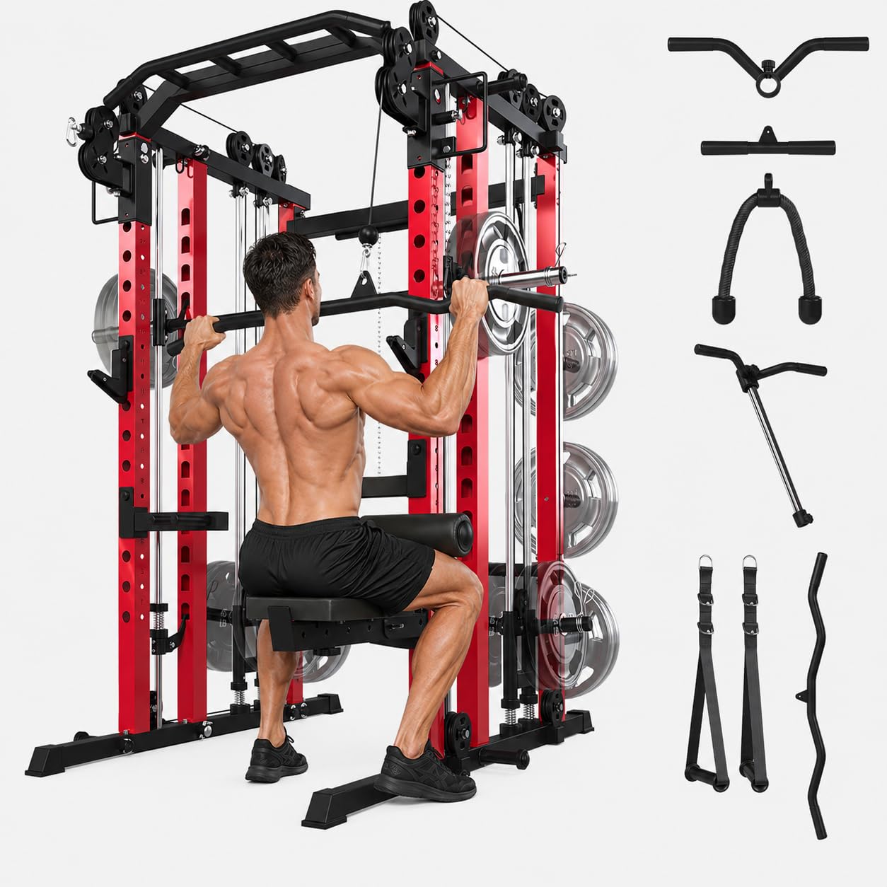 Danrelax Smith Machine Home Gym, 2000 lbs Power Cage with LAT Pulldown, Dual Cable Crossover & Pulley System, All-in-One Squat Rack for Strength Training, Bench Press, Garage Gym