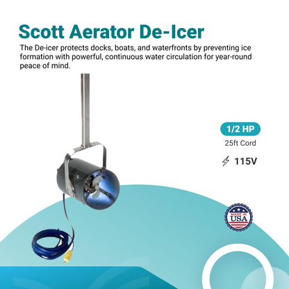 Scott Aerator DeIcer for Lakes & Ponds | 1/2 Horse Power 115V Stainless Steel | 25 ft. Electric Corded Cable Included with Dock Mount Assembly | Made in USA