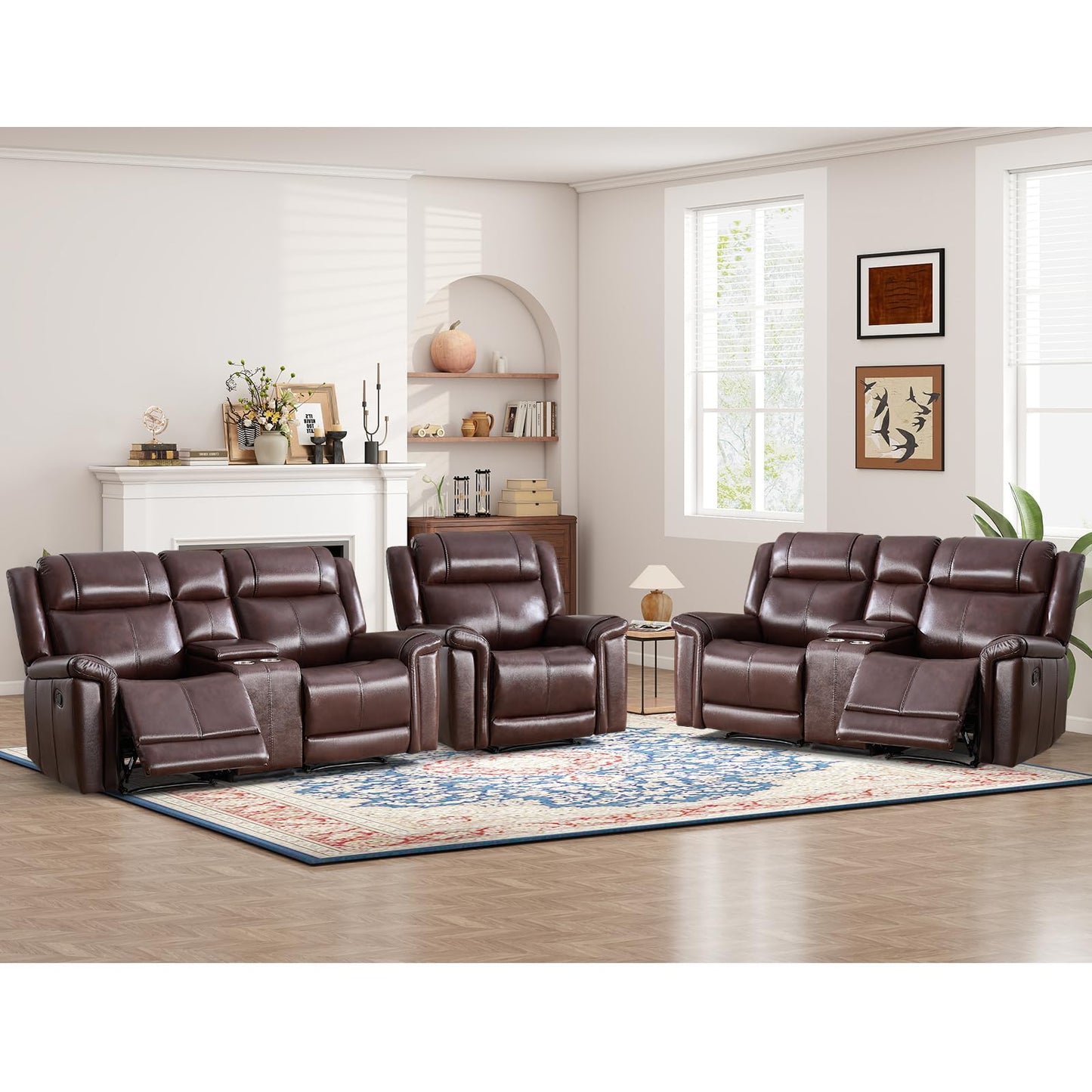 ANJ Premium Genuine Manual Reclining Sofa Set, Included Single Recliner Chair and Loveseat 2-Seater Couch Set of 2 with Hidden Storage& Cup Holders, 3-Piece Living Room Furniture Set, Rust Brown