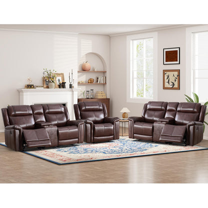 ANJ Premium Genuine Manual Reclining Sofa Set, Included Single Recliner Chair and Loveseat 2-Seater Couch Set of 2 with Hidden Storage& Cup Holders, 3-Piece Living Room Furniture Set, Rust Brown