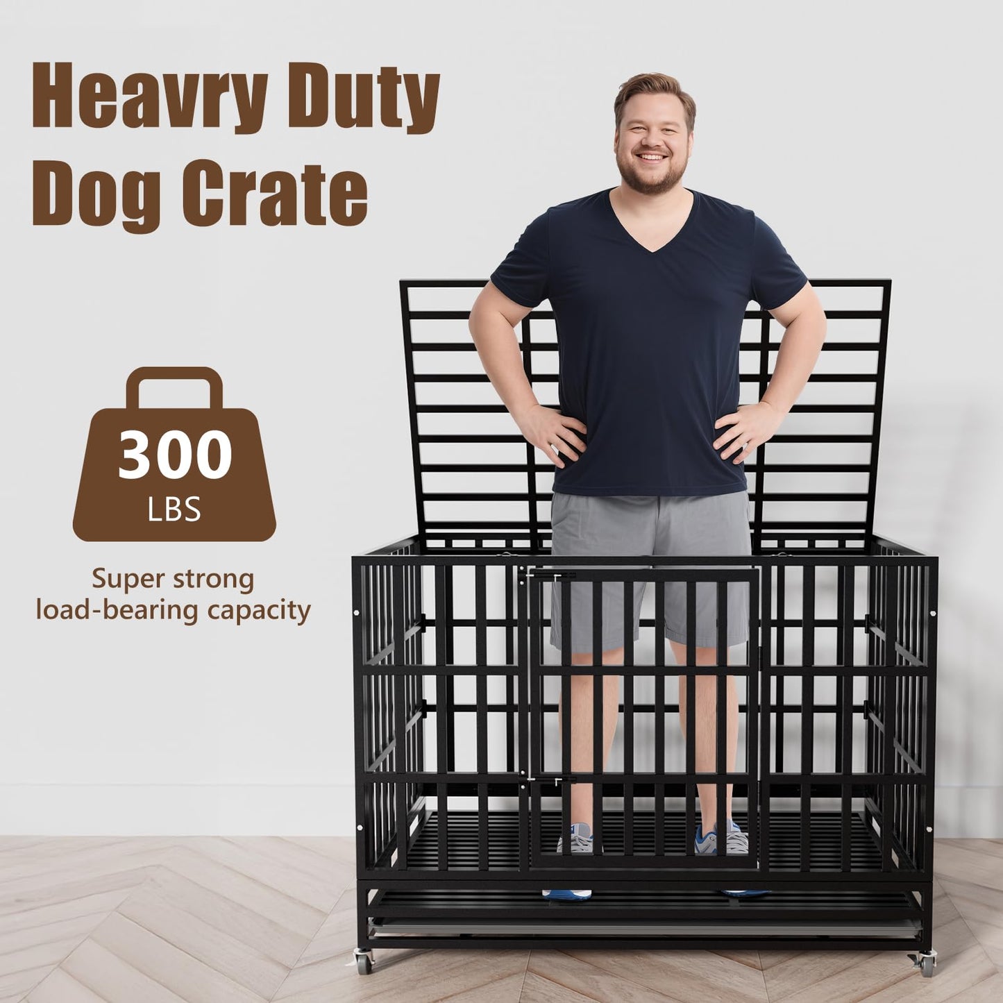 SHUSHIM 48 Inch Heavy Duty Dog Crate Kennel with Wheels, High Anxiety Indestructible Dog Crates for Large Dogs, XL XXL Extra Large Dog Crate with Removable Plastic Tray, Two Locks (Black, Square)