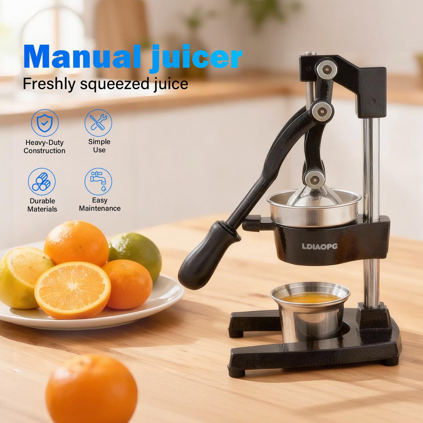Cast Iron manual juicer, Hand Citrus juicer press, Orange Lemon Squeezer,Heavy Duty Manual Juicer,Commercial Grade,Countertop Extactor for Fruit Juice -Stainless Steel,Easy to Clean Black